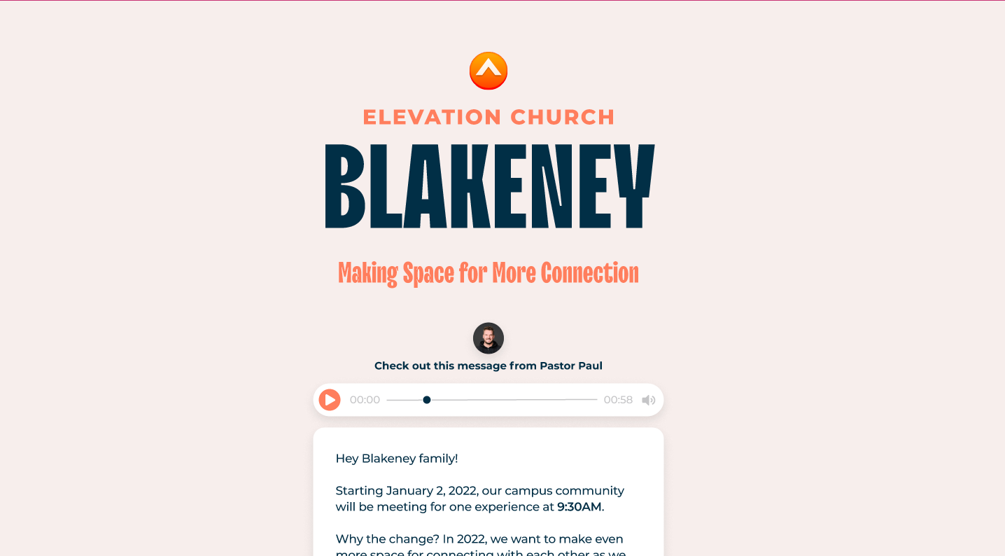 Elevation Church Marketing Page for Blakeney Campus Campaign built by Winnie Verzosa